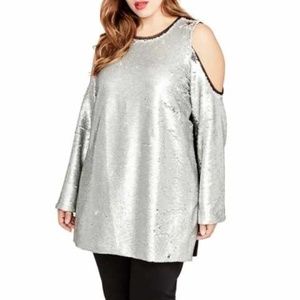 Rachel Roy Silver Sequin Cold Shoulder Top 2X